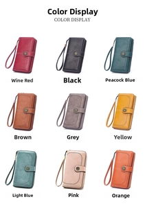 Collage of long leather wallets for women in nine elegant colors with wrist straps