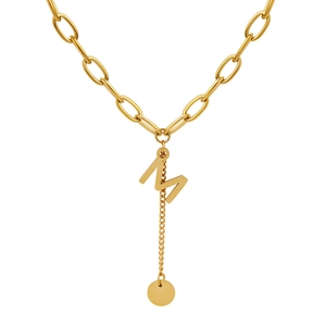 Gold chunky chain necklace featuring a bold letter M pendant and small round disk charm