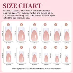 Detailed size chart for 288pcs press-on nails set with 12 sizes and measurements