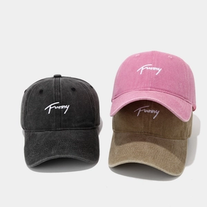 Three washed cotton baseball caps in grey, pink and khaki with Funny embroidery