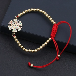 Verstellbares Goldperlen-Schneeflockenarmband mit bunten Zirkoniasteinen und roter Kordel