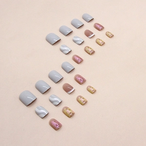 Short square press-on nails set with aurora ripples and glitter accents in grey and pink
