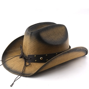 Vintage Western Cowboy Strohhut mit braunem Farbverlauf und Lederband-Dekor