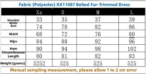 Size guide for sleeveless bodycon dress with faux fur trim and matching belt detail