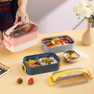 Various colorful double-layer 304 stainless steel lunch boxes with portable handles