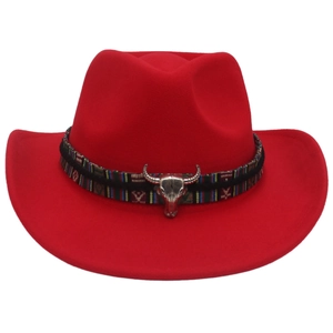 Red felt cowboy hat featuring ethnic geometric band and silver bull head metal accessory