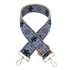 Detail of blue floral jacquard bag strap with gold metal buckle and spring hooks