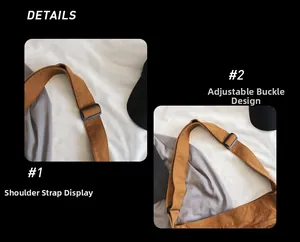 Detail of the adjustable shoulder strap and black plastic buckle on the brown canvas bag