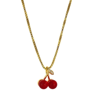 Minimalist gold chain necklace with red cherry pendant and sparkling leaf detail