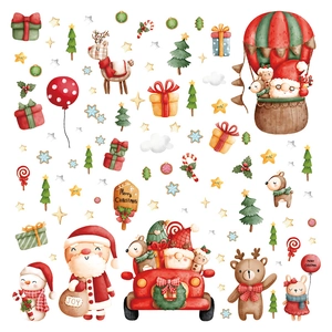 Aquarell Weihnachtszug Wandtattoo mit Weihnachtsmann und Rentier für festliche Fensterdeko