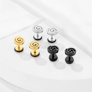 Minimalist geometric spiral stud earrings in gold, silver, and black titanium steel finish