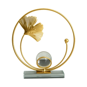 Golden ginkgo leaf ornament with crystal ball and glass base for home office decor