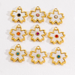 Set of 9 cherry blossom flower charms with white shell inlay and colorful rhinestones