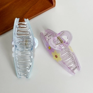 Sweet candy-colored flower hair claw clips in transparent light blue and purple plastic