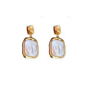 French vintage gold square pearl earrings with wrinkled texture and sterling silver pins