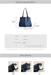 Detailed size chart and multi-color options for the large denim and PU tote bag