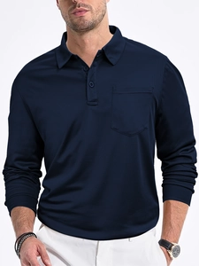 Detail showing the breathable navy mesh fabric and breast pocket on this long sleeve polo