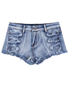 Pantaloncini di jeans a vita bassa blu lavato con strappi ed effetto consumato ai bordi