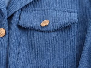 Detail of blue corduroy dress showing fabric texture and gold metal buttons on pocket