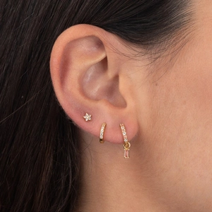 Luxurious gold S925 earrings set with star studs and pink rectangle crystal drops