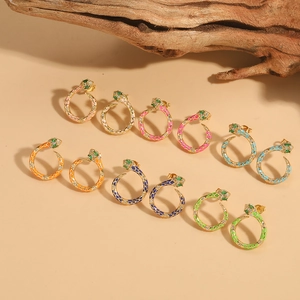 Vintage Minimalist Snake Shaped Stud Earrings For Women Copper Enamel Zirconia Animal Snake Drip Oil Wrap Circle Hoop Earrings