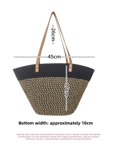 Detail view of woven tote bag with dimensions: 45cm width and 26cm handle drop height