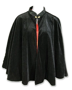Detail of black velvet capelet with stand collar, gold button and red lining