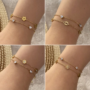 Stainless Steel Layered Bracelet Gold Heart Zircon Flower Evil Eye Roman Numerals Fashion Jewelry For Women Elegant