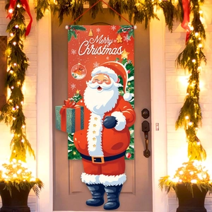 Vertical Merry Christmas porch banner with cartoon Santa Claus and bell for festive decor