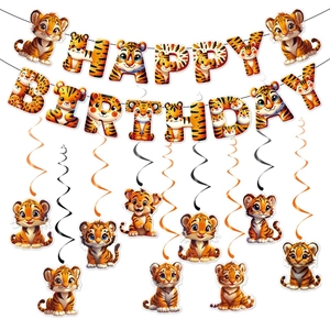 Tiger Theme Birthday Party Banner And Spiral Hanging Decorations Cardstock PVC Decor For Kids Baby Shower Cartoon Style