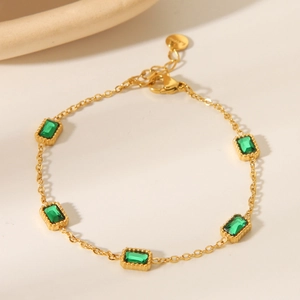 Stainless Steel Bracelet Gold Plated Green Rectangular Zircon Inlaid Link Chain Elegant Vintage For Women