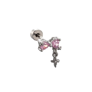 Silberne Schleifen-Ohrstecker mit rosa Herz-Zirkonia und kleinem Kreuz-Anhänger