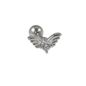 Polished stainless steel angel wing stud earring with sparkling zircon and screw ball back
