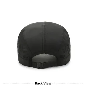 Detail view of the back of a black quick-dry sports cap showing adjustable buckle strap