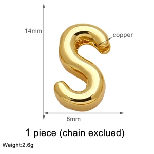 Detailed view of 14mm gold-plated letter S pendant made of copper with size dimensions