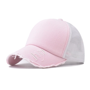 Pink and white mesh trucker hat with distressed details and washed cotton finish