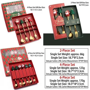 Christmas stainless steel spoon and fork set with cartoon toppers in festive gift box