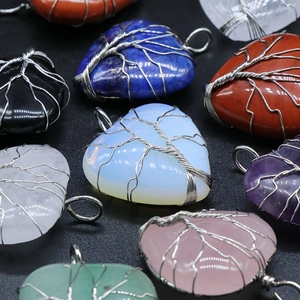 Natural stone heart pendants with wire wrapped tree of life design in assorted colors