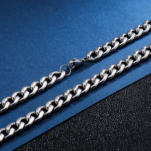 Polished silver stainless steel Cuban link necklace with secure lobster clasp closure