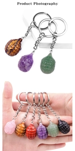 Detailed comparison of natural gemstone grenade keychains showing scale and various colors