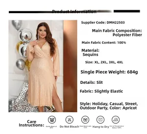 Detail view of champagne sequin plus size dress with wrap V-neck and side slit design