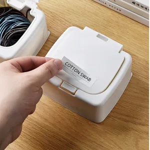 Mini white desktop organizer with pop-up lid and label for cotton swabs and accessories