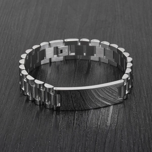 Polished silver 15mm stainless steel men's watch strap style link bracelet on wood