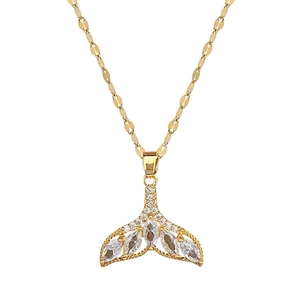 Elegant gold titanium steel necklace featuring a hollow zircon-encrusted mermaid tail pendant