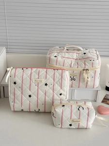 Quilted Cotton Makeup Bag Starry Geometric Print Portable Cosmetic Pouch Large Toiletry Organizer For Women Girls