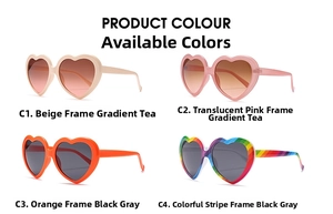 Detail view of heart-shaped oversized sunglasses in four various frame color options