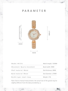 Détails de la montre florale or rose avec lunette en strass et mouvement à quartz