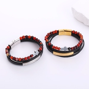 Bracciale multistrato da uomo in pietra occhio di tigre e pelle con croce e chiusura magnetica