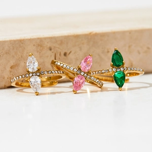 Adjustable gold plated stainless steel ring with pear cut zircon in three colors