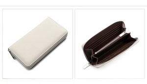 Detail view of genuine leather long wallet with card slots and inner compartments